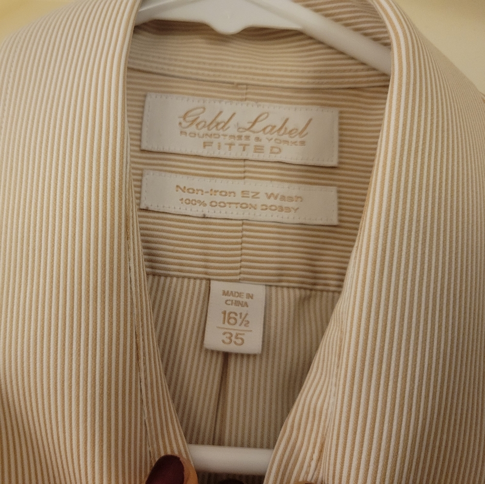Roundtree and Yorke, non-iron dress shirt, tan and white stripes, size16 1/2 x35